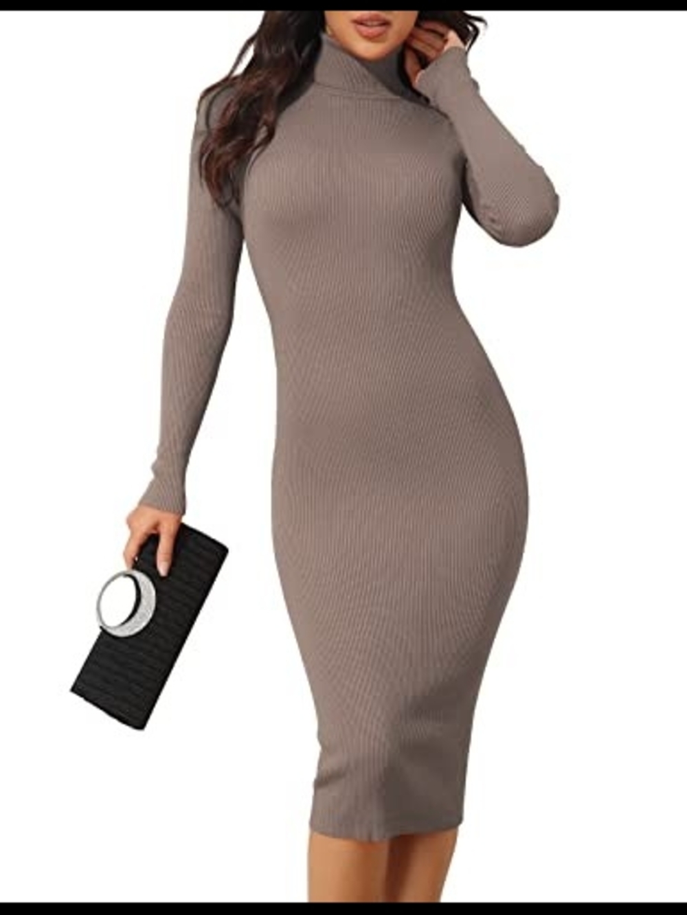 Ribbed Turtleneck Bodycon Midi Dress - Camel Tan